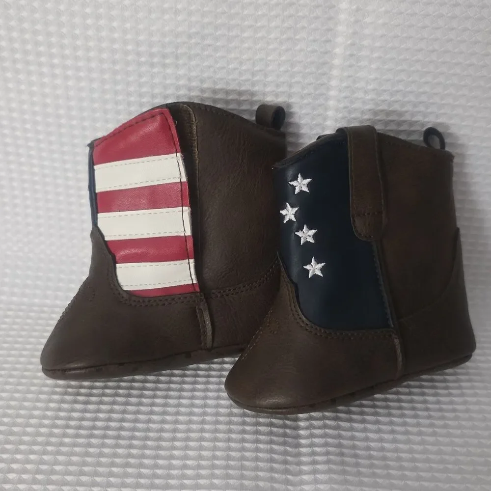 Rising Star Brown Faux Leather Stars & Stripes Flag Boots Booties 6-9m + Sandals